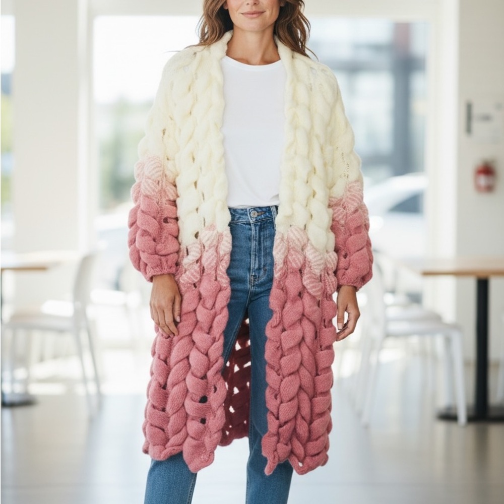 Pink & Cream Hand Knit Sweater - Picture 2 of 13